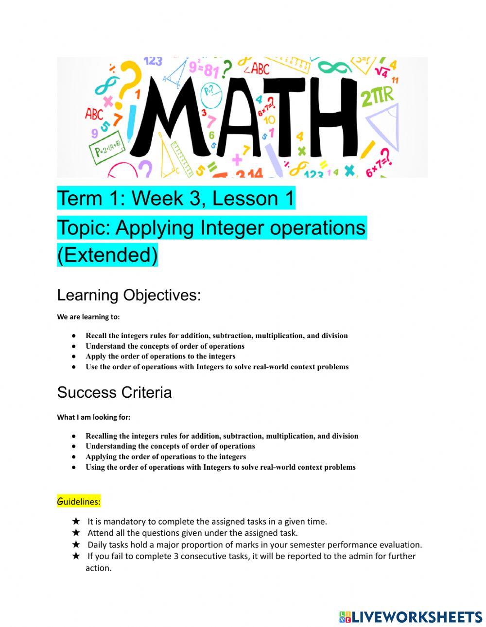 Applying Integer Operations worksheet | Live Worksheets