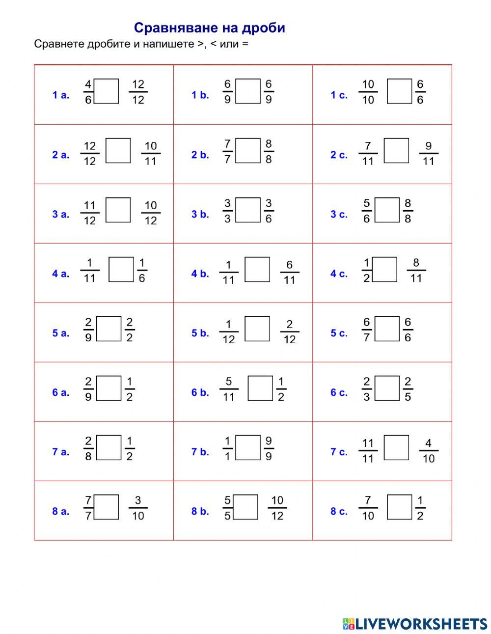 Сравняване на обикновени дроби interactive worksheet | Live Worksheets