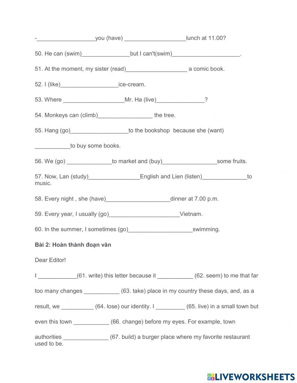 Bài tập tổng hợp thì hiện tại đơn và hiện tại tiếp diễn