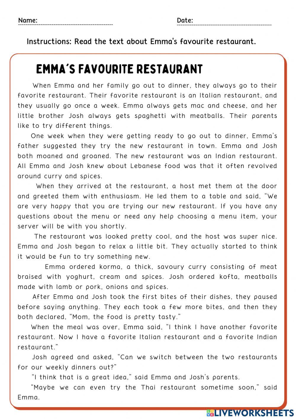 Emma s favourite restaurant worksheet live worksheets