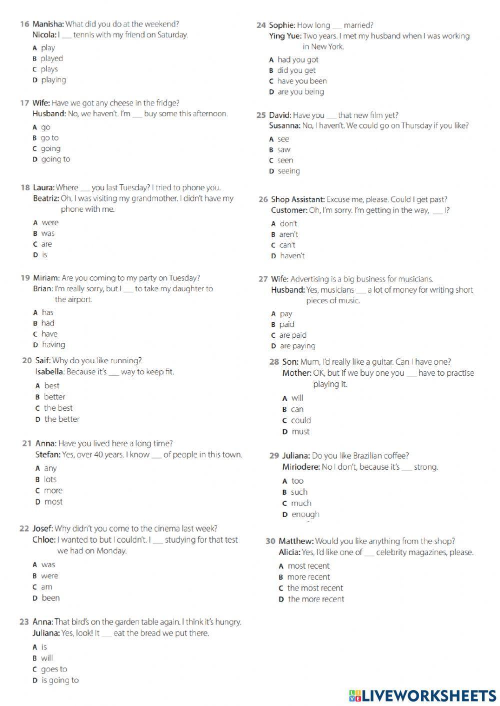 Placement test online exercise for Adults | Live Worksheets