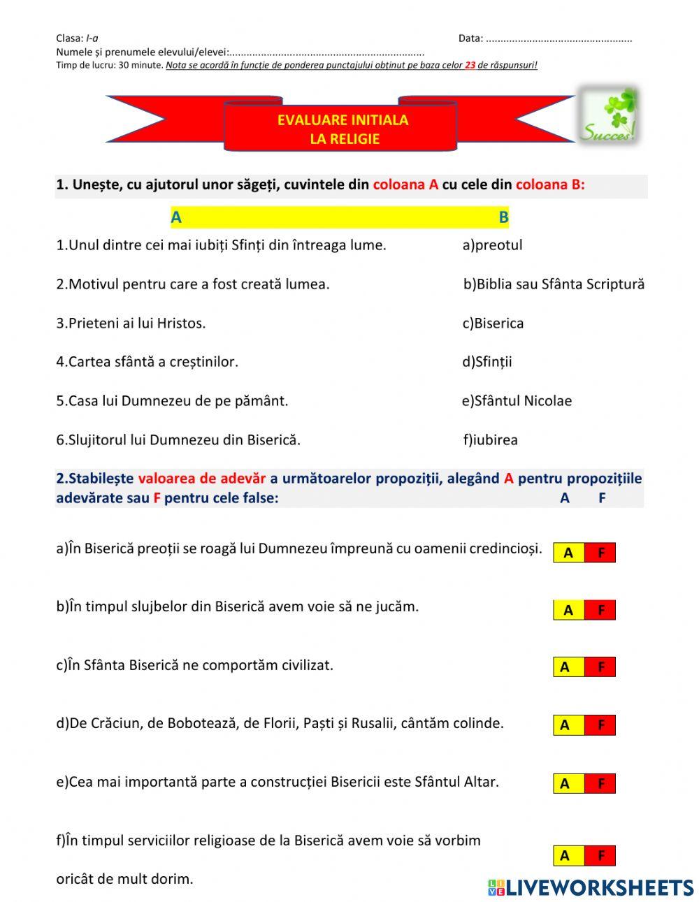 Evaluare inițială Religie cls. a I-a