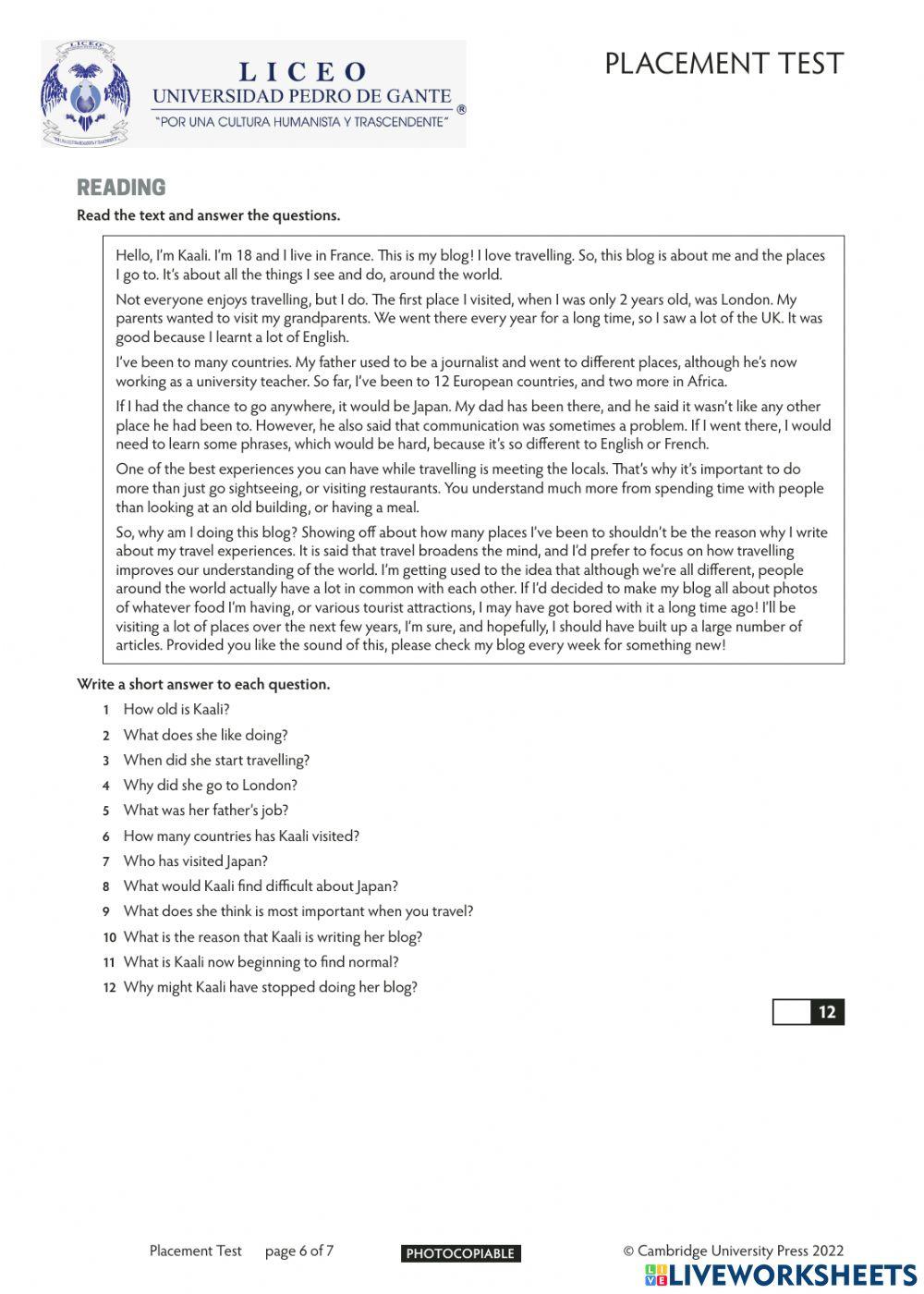 Placement Test - Part 1 online exercise for | Live Worksheets