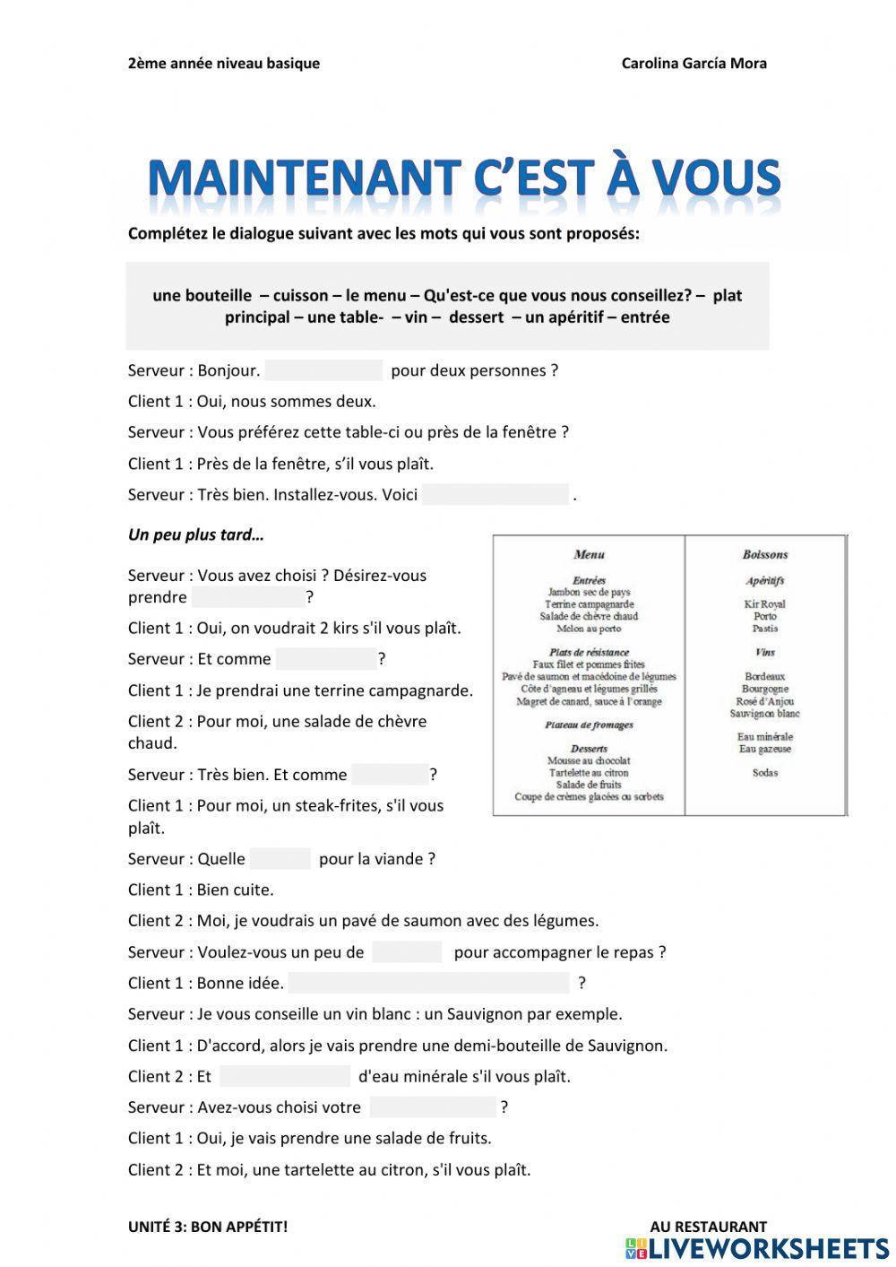 Dialogue Dans un restaurant
