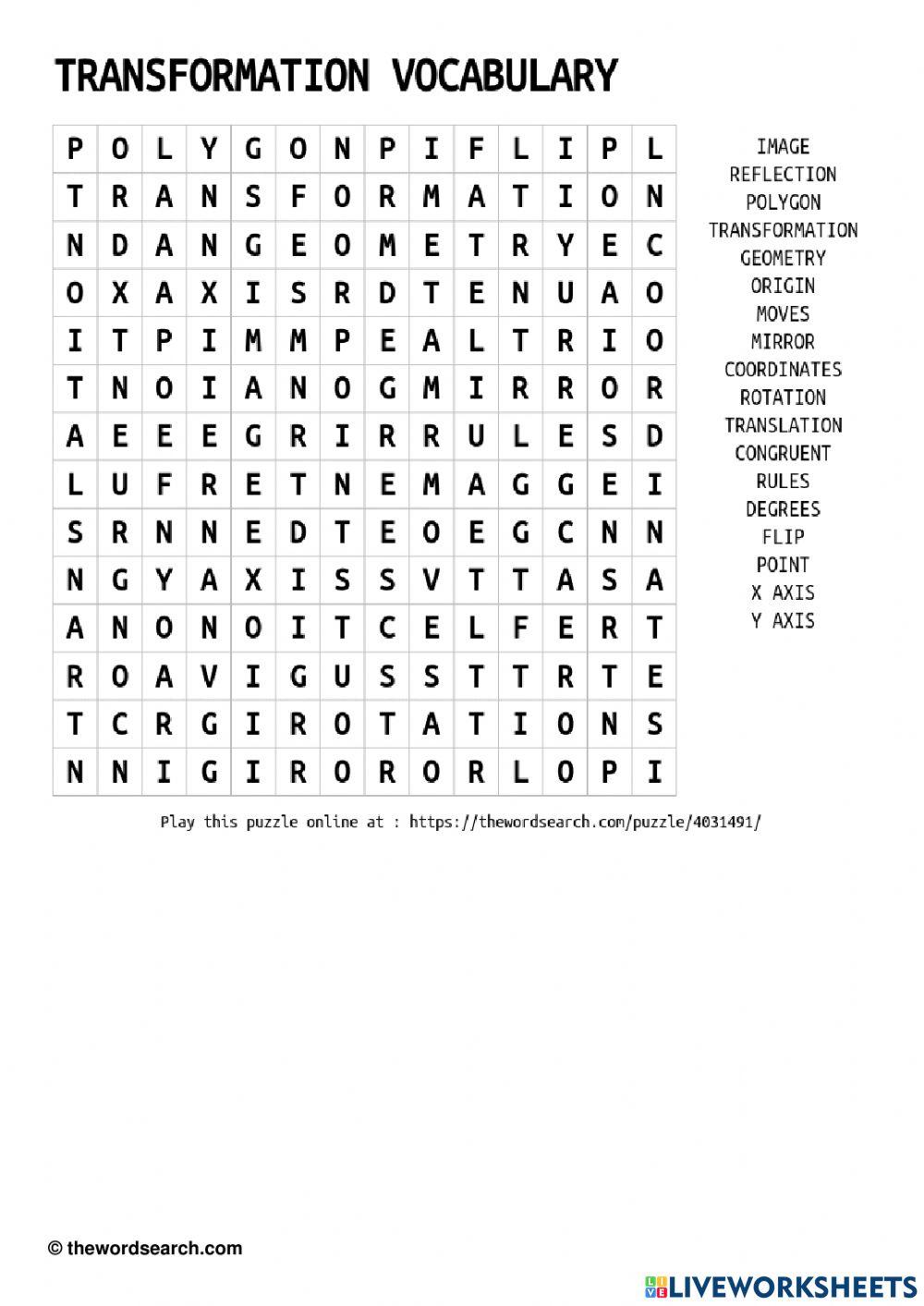 Word search-transformation vocabulary