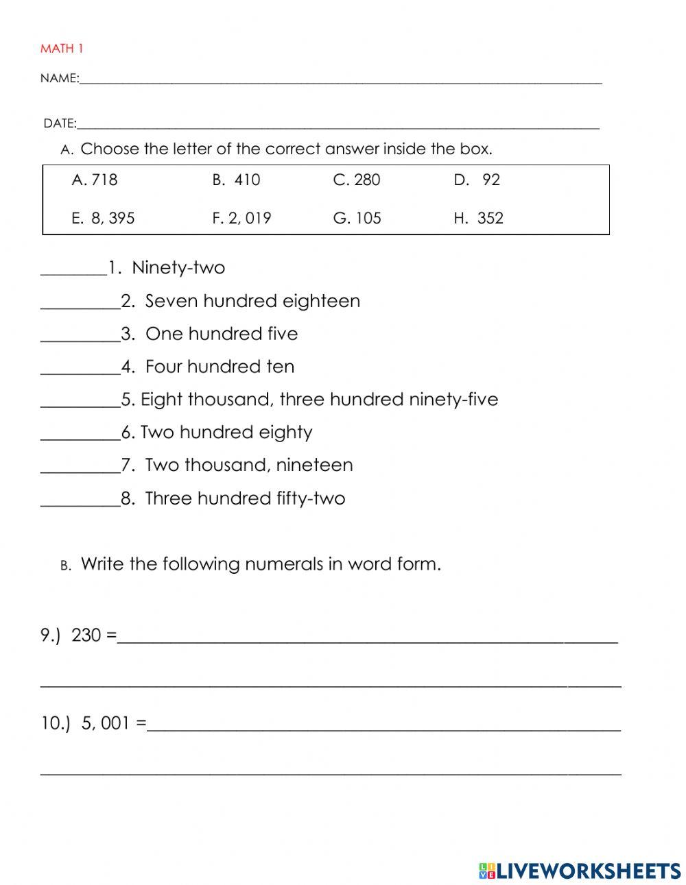 Reading writing numbers