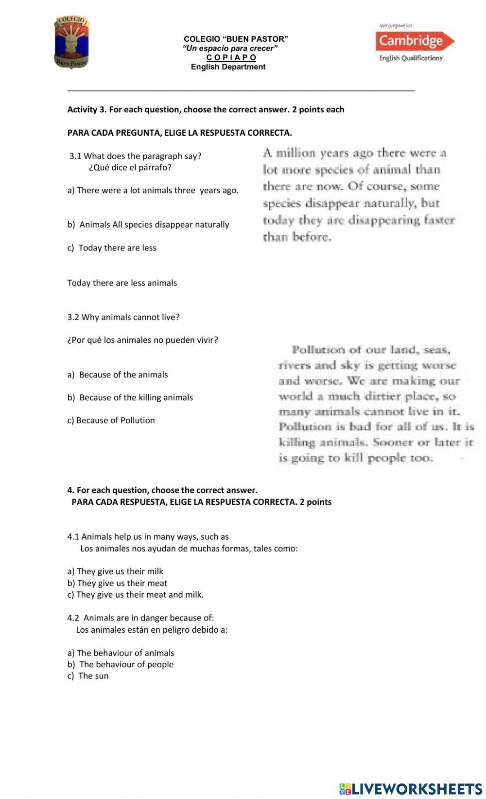 Reading For Comprehension Evaluation: Animals in Danger 2