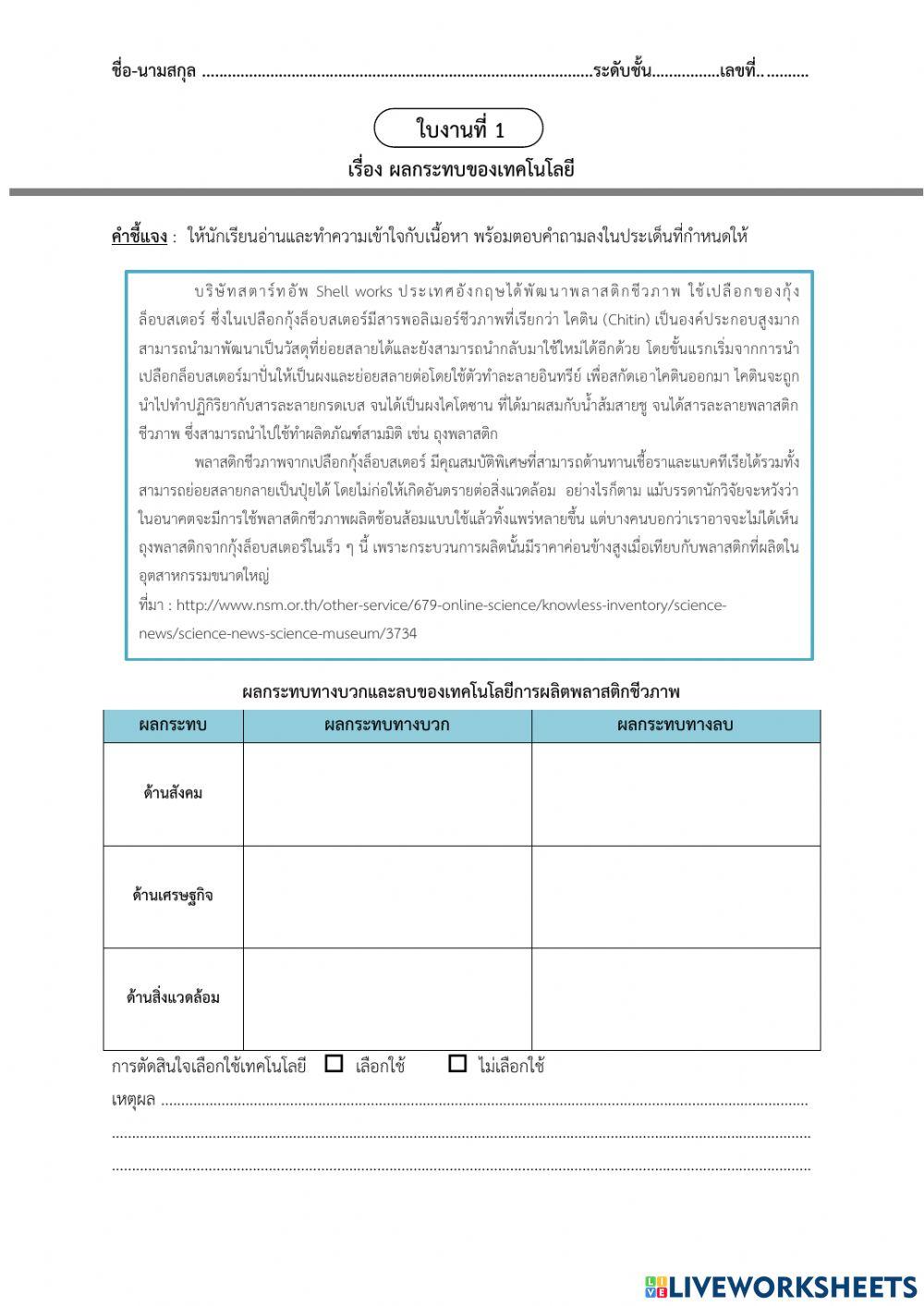 ใบงานบทที่ 1 เรื่อง ผลกระทบของเทคโนโลยี