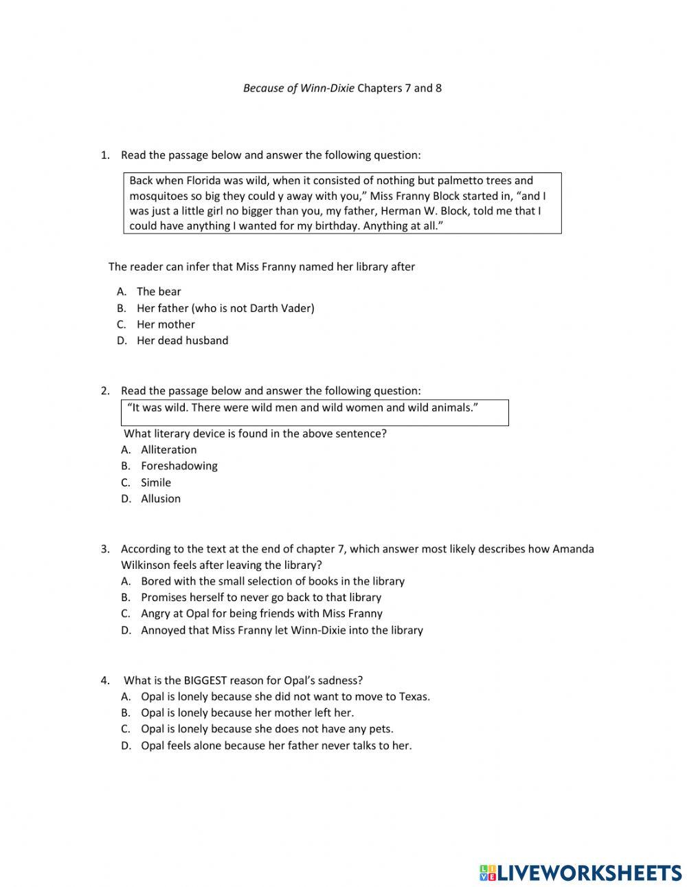 Because of Winn Dixie Chapters 7 8 worksheet Live Worksheets