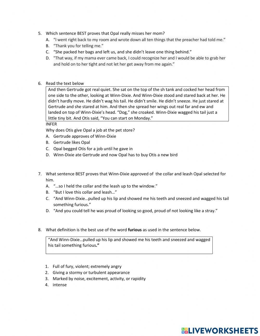 Because of Winn Dixie Chapters 7 8 worksheet Live Worksheets