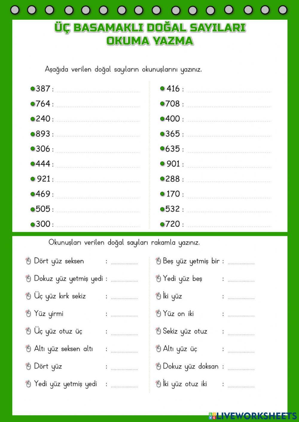 Üç basamaklı doğal sayıları okuma yazma