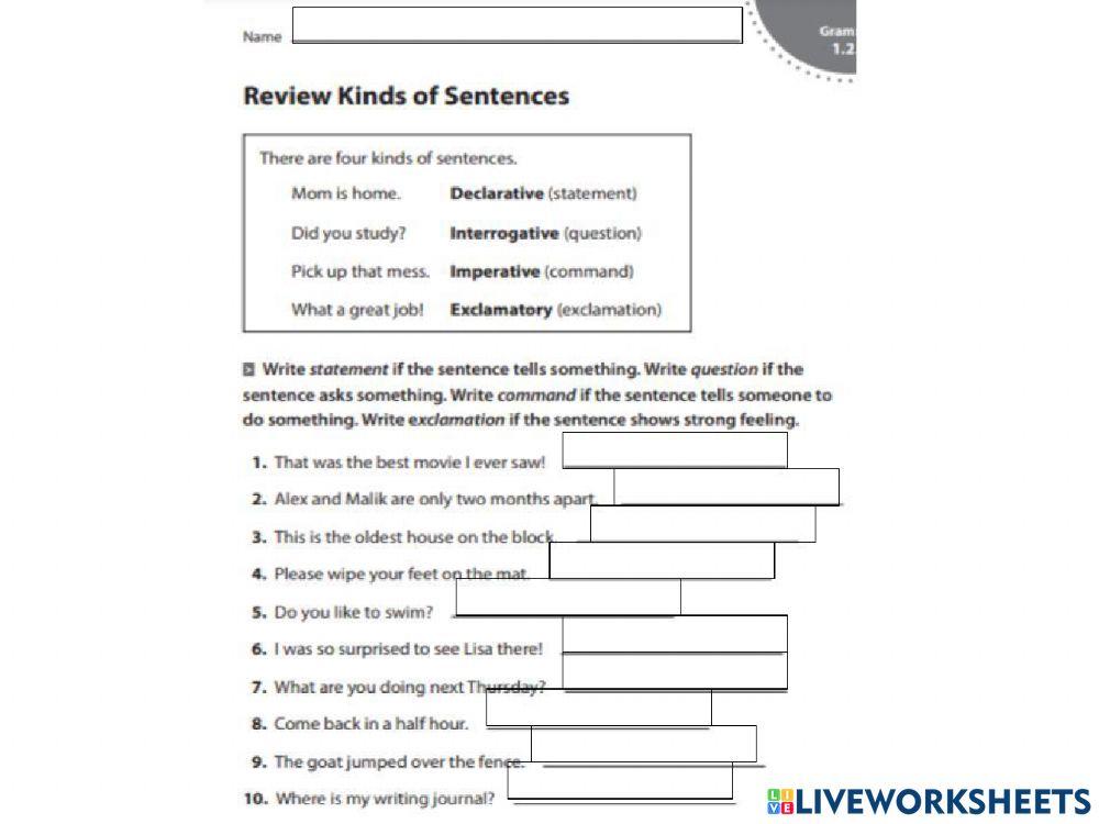 Kinds of Sentences free exercise Live Worksheets