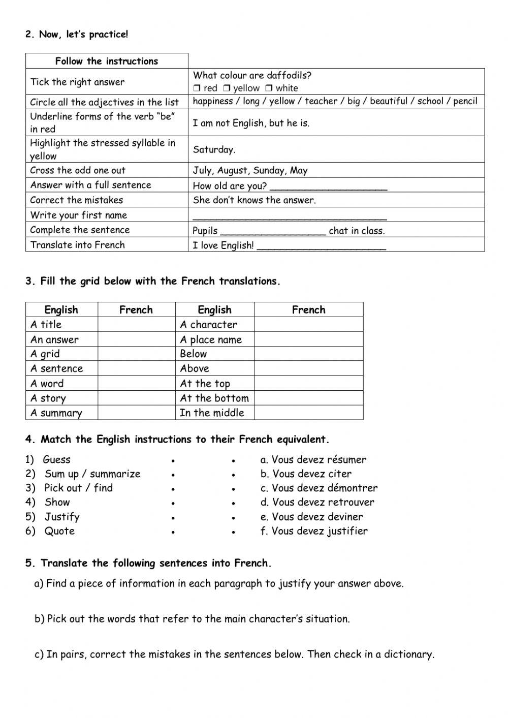 Les consignes en anglais