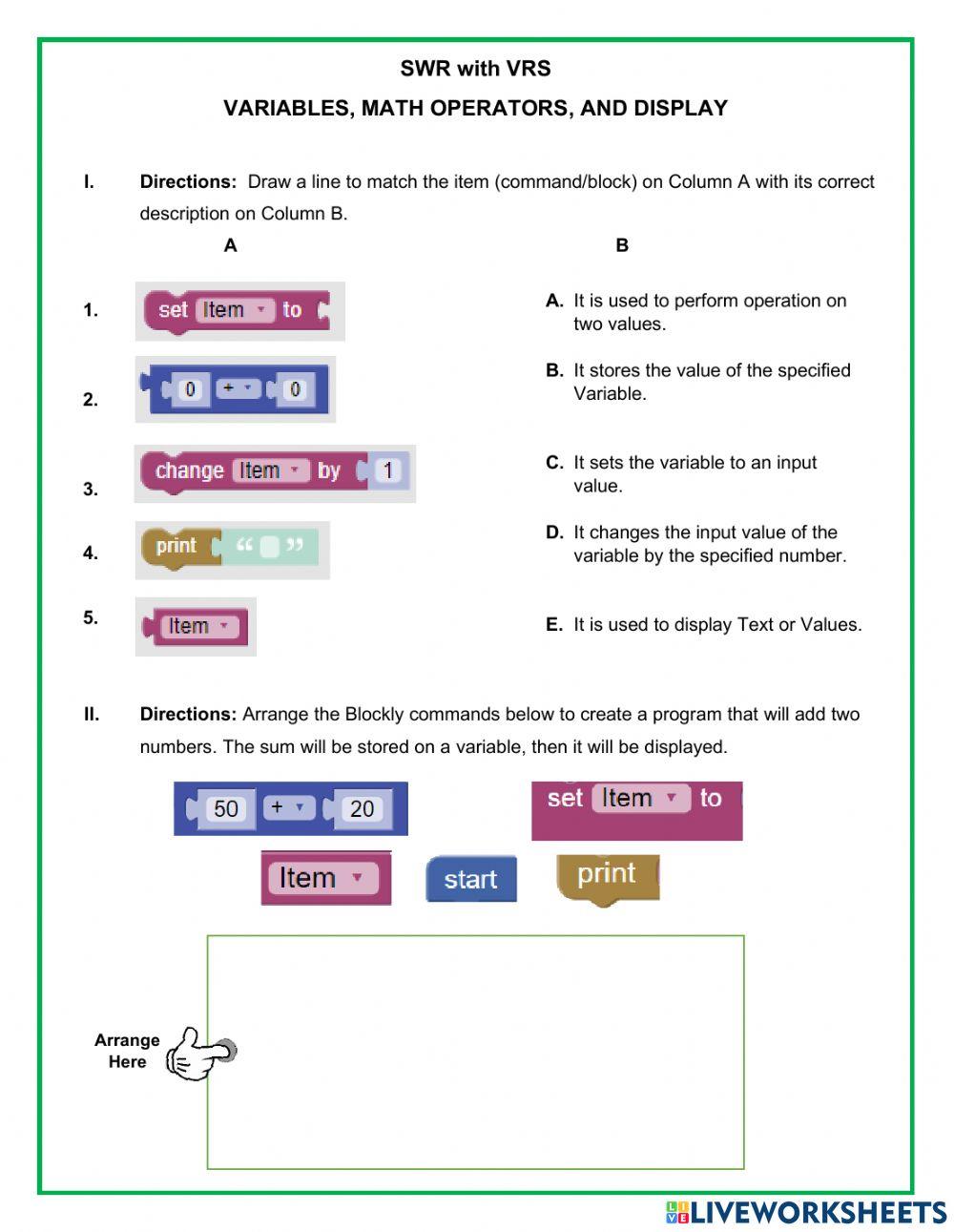 SWR5 - Variable, Math Operators, Display online exercise for | Live ...