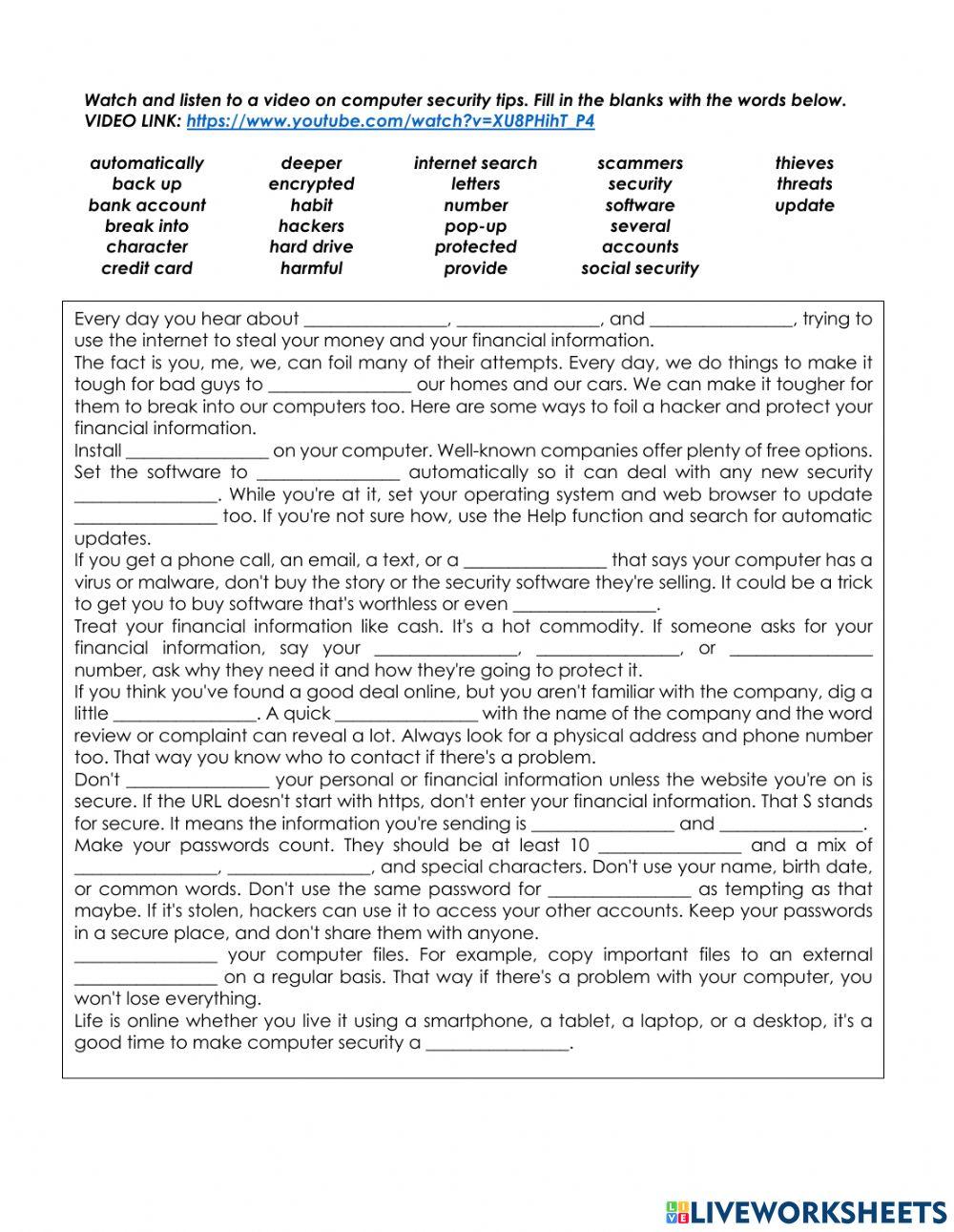 Computer Security Tips worksheet | Live Worksheets