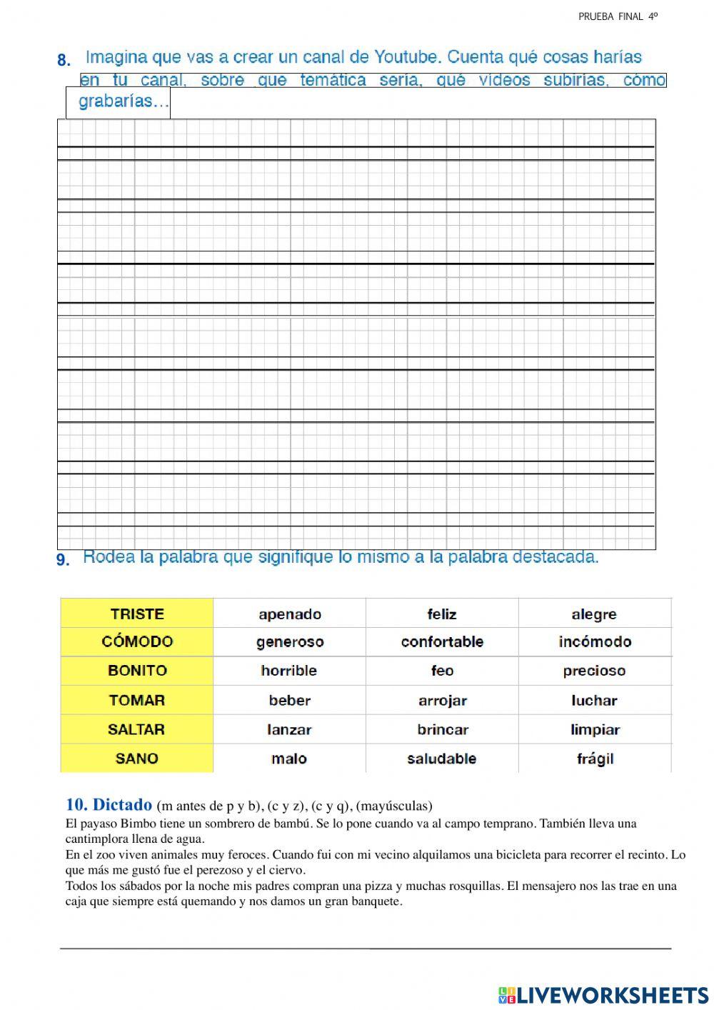Evaluación inicial lengua 4º