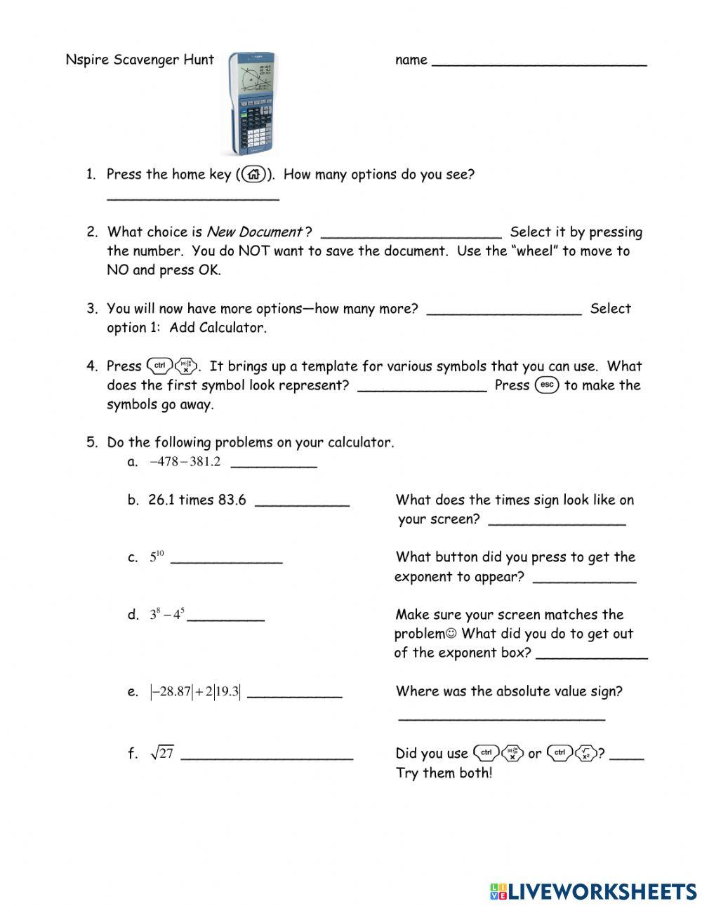 NSpire Scavenger Hunt worksheet | Live Worksheets