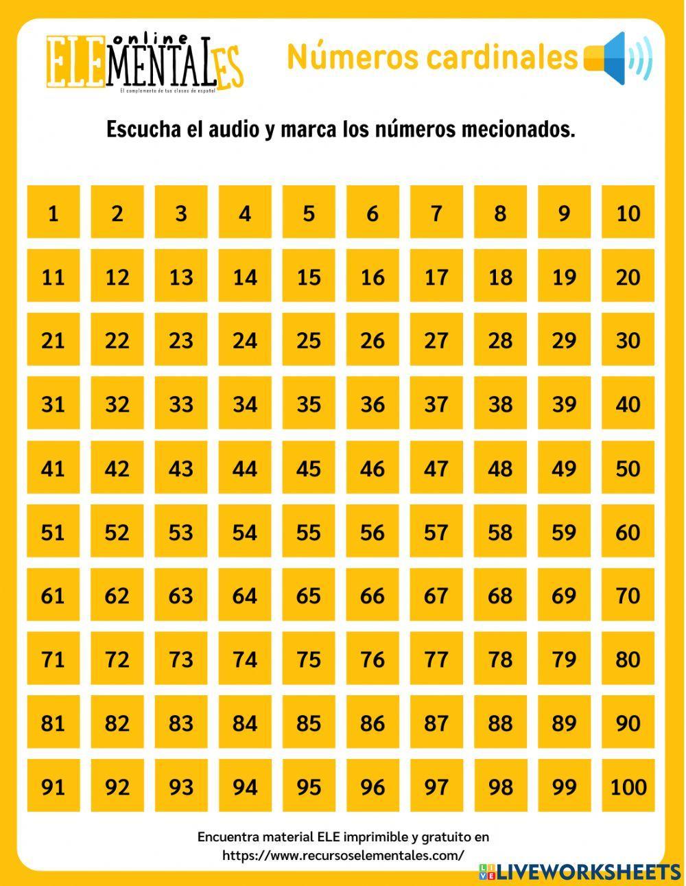 Números cardinales 1 al 100 - Práctica auditiva en español