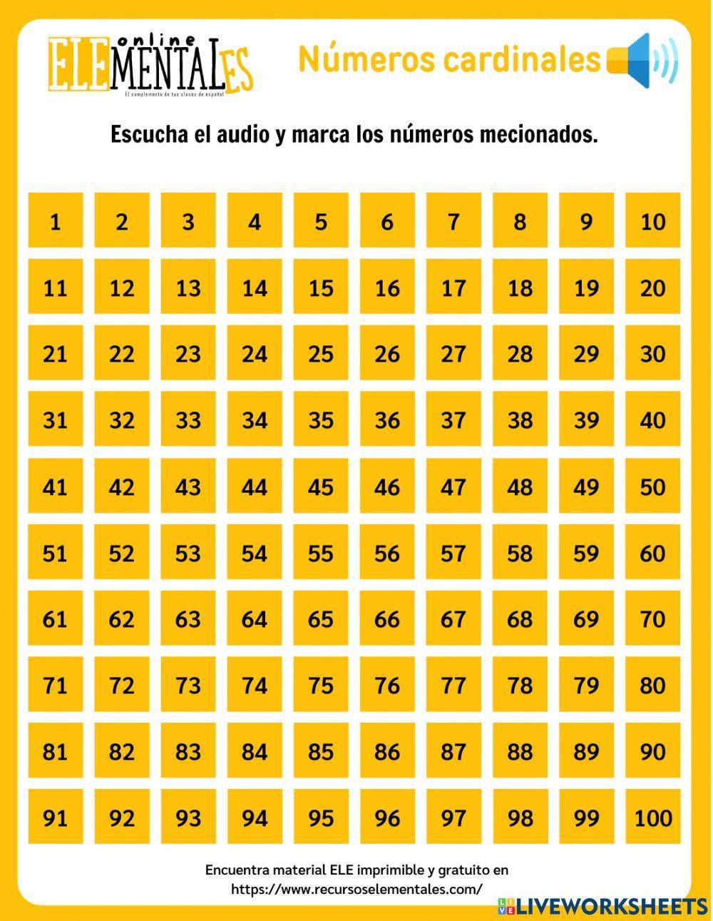 Números cardinales 1 al 100 - Práctica auditiva en español Números cardinales 1 al 100 - Práctica auditiva en español