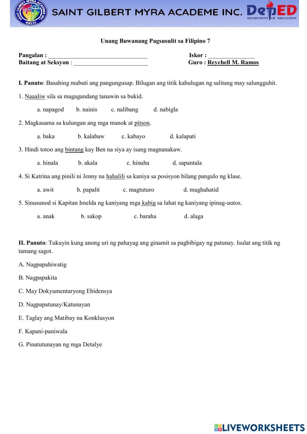 Filipino 7 assessment online exercise for live worksheets