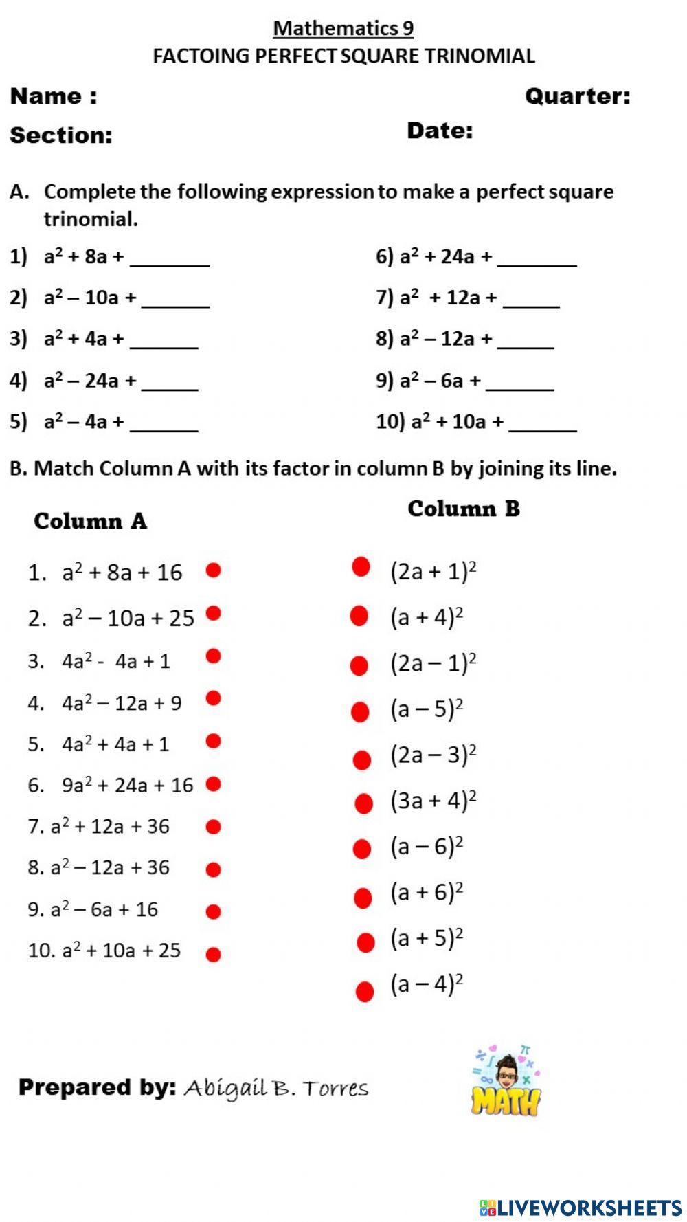 Perfect Square Trinomial Worksheets Perfect Square Trinomial Worksheets