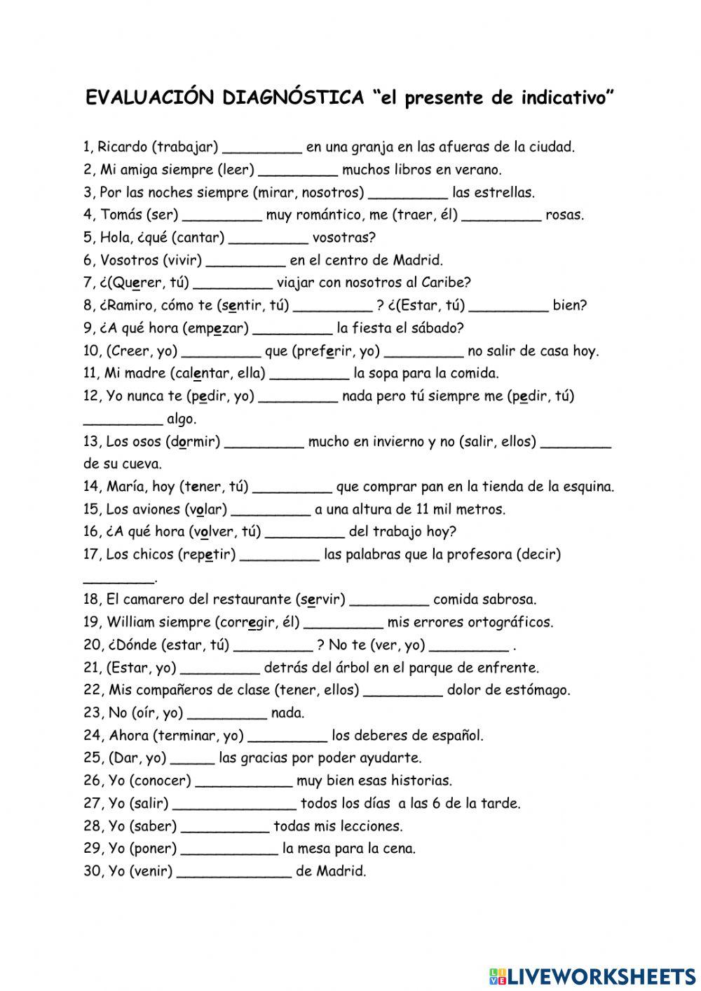 Evaluación diagnóstica presente de indicativo