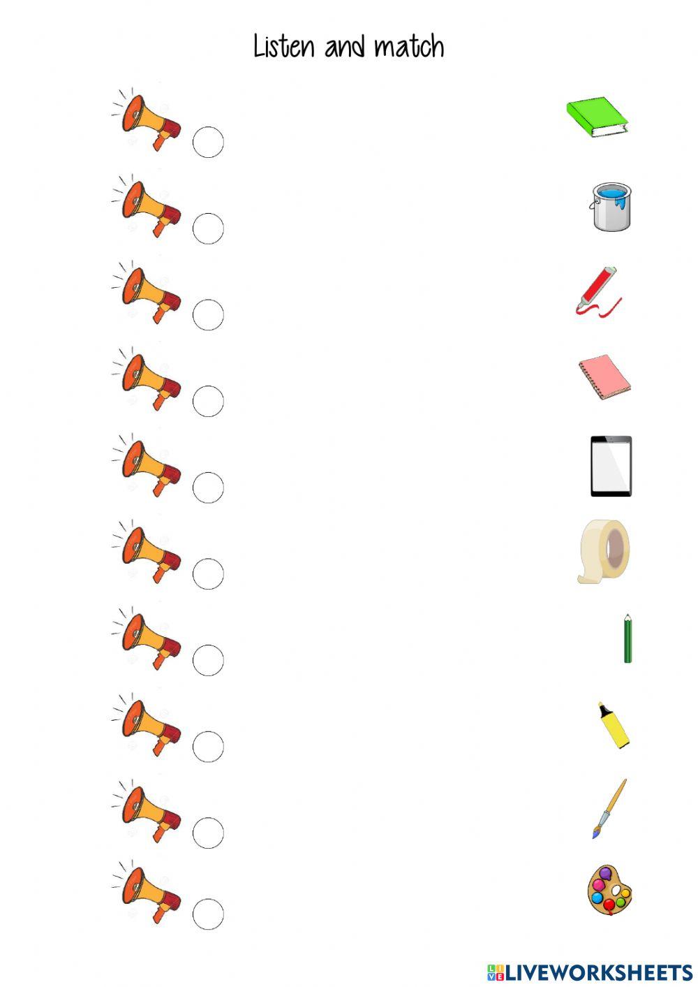 listen and match school supplies 2
