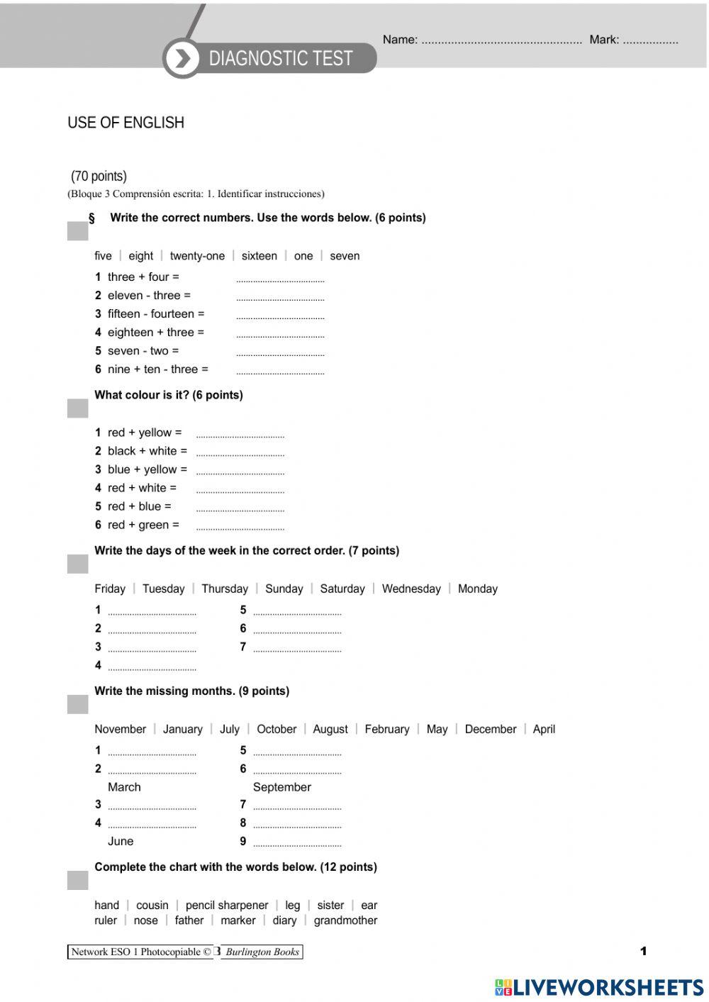 Network 1 diagnostic test