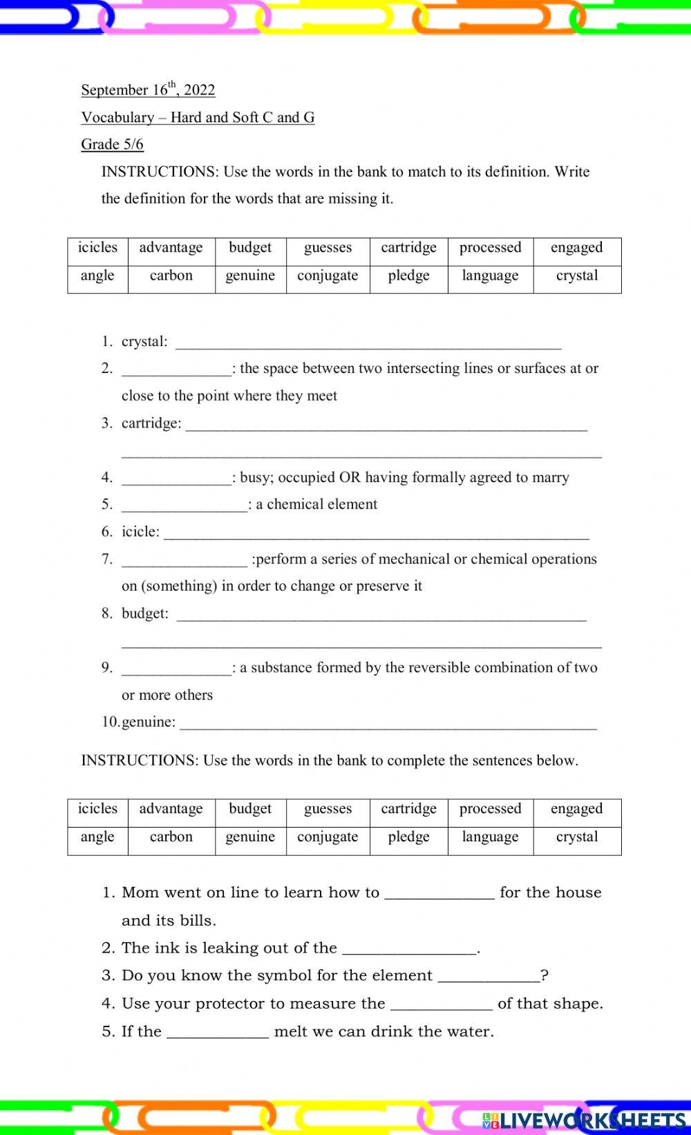 Hard and Soft C and G Vocabulary