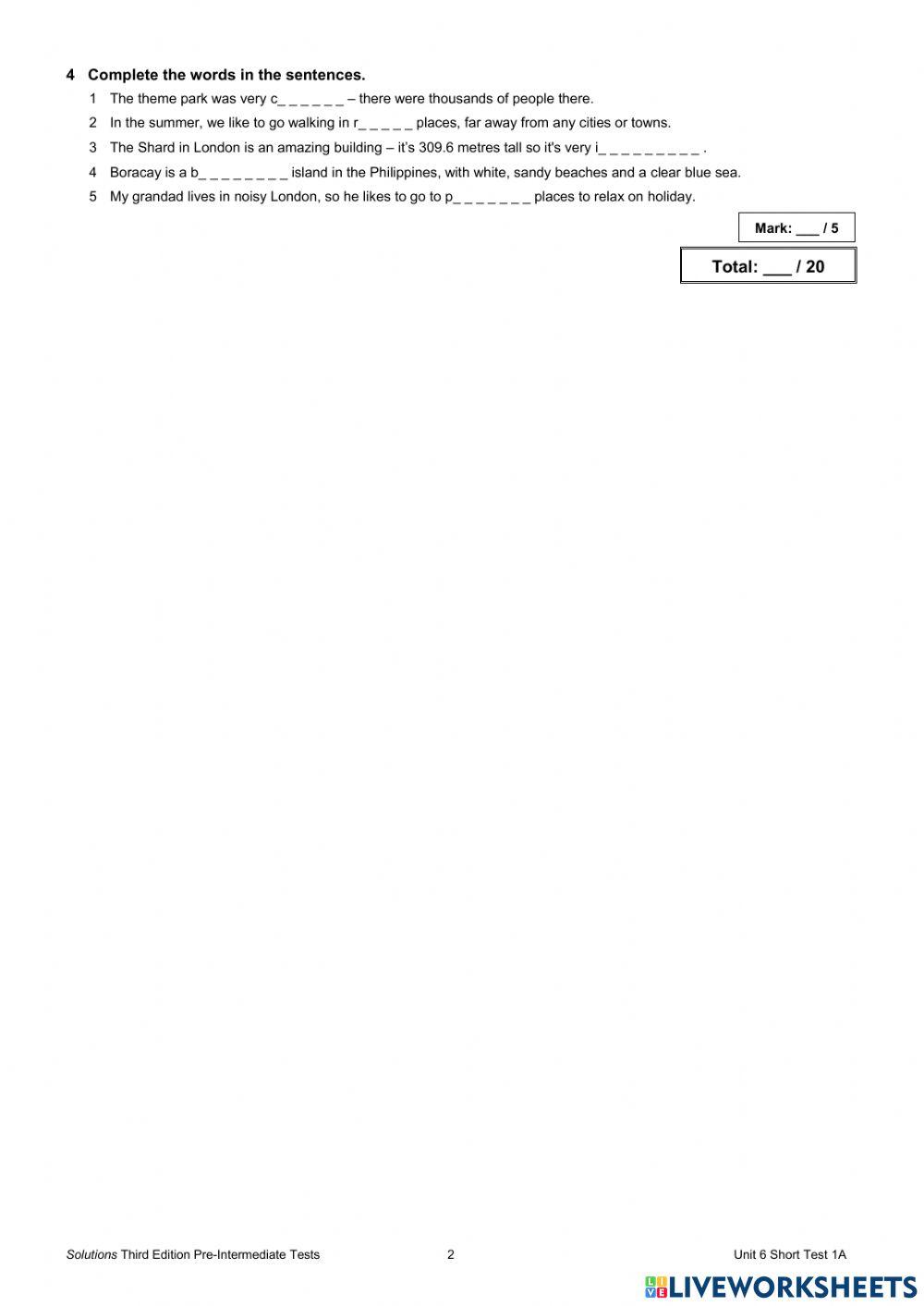 Unit 6 short test 1a - pre inter