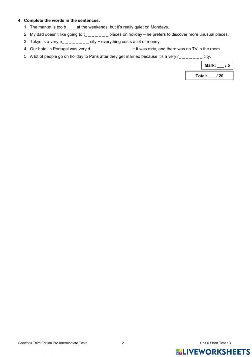 Unit 6 short test 1b - pre inter