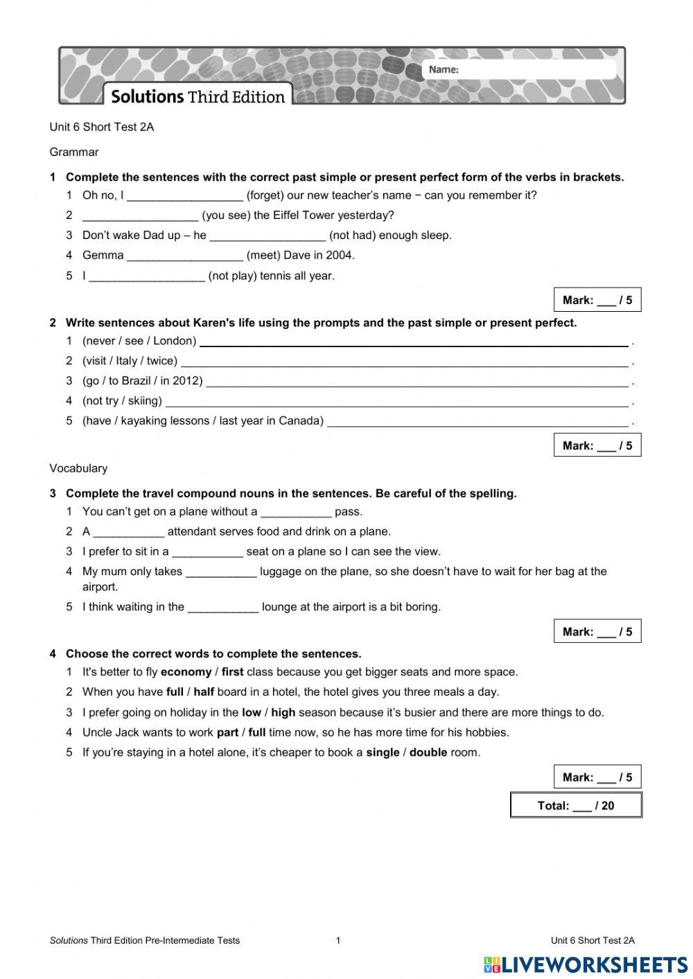 Unit 6 short test 2a - pre inter