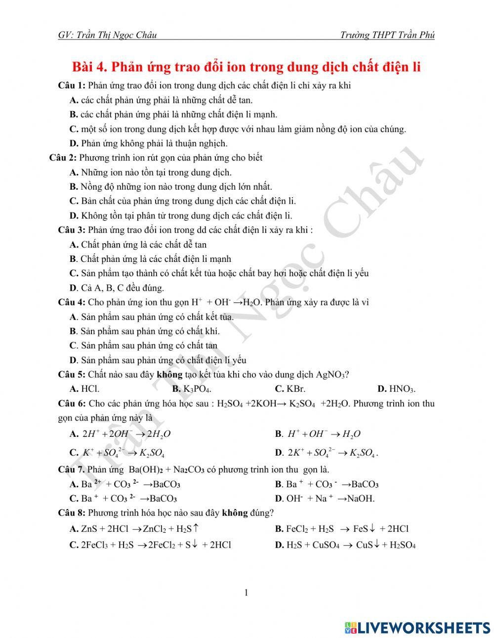 Phản ứng trao đổi ion trong dung dịch chất điện li
