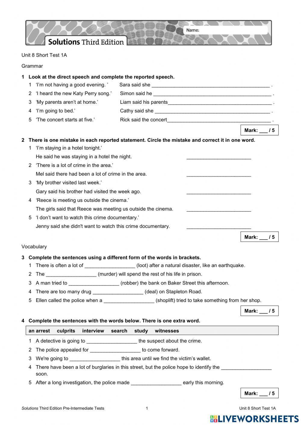 Unit 8 short test 1a - pre inter