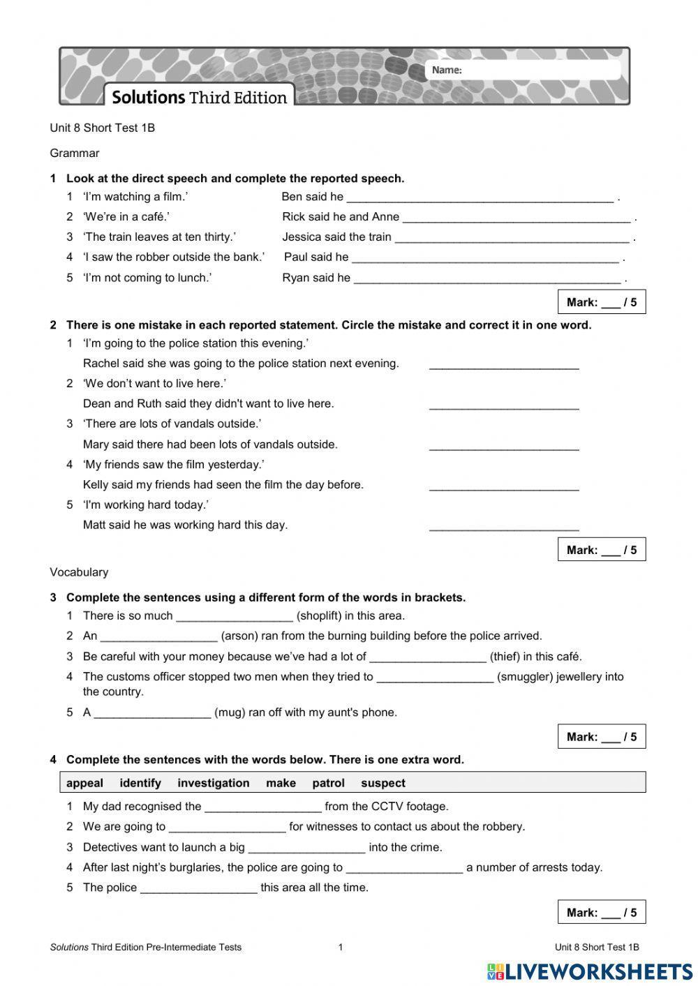 Unit 8 short test 1b - pre inter