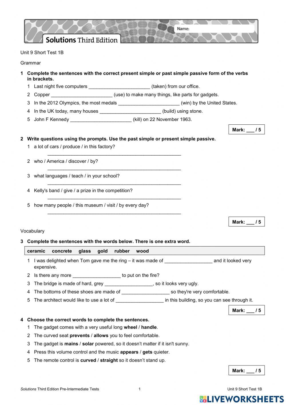 Unit 9 short test 1b - pre inter