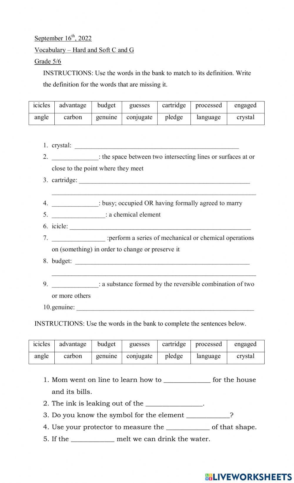 Hard and Soft C and G Vocabulary