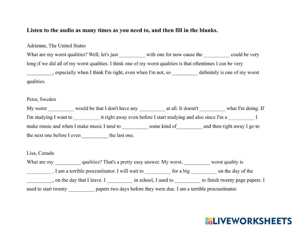 Personality-Worst Qualities 6 ppl Dictation Exercise