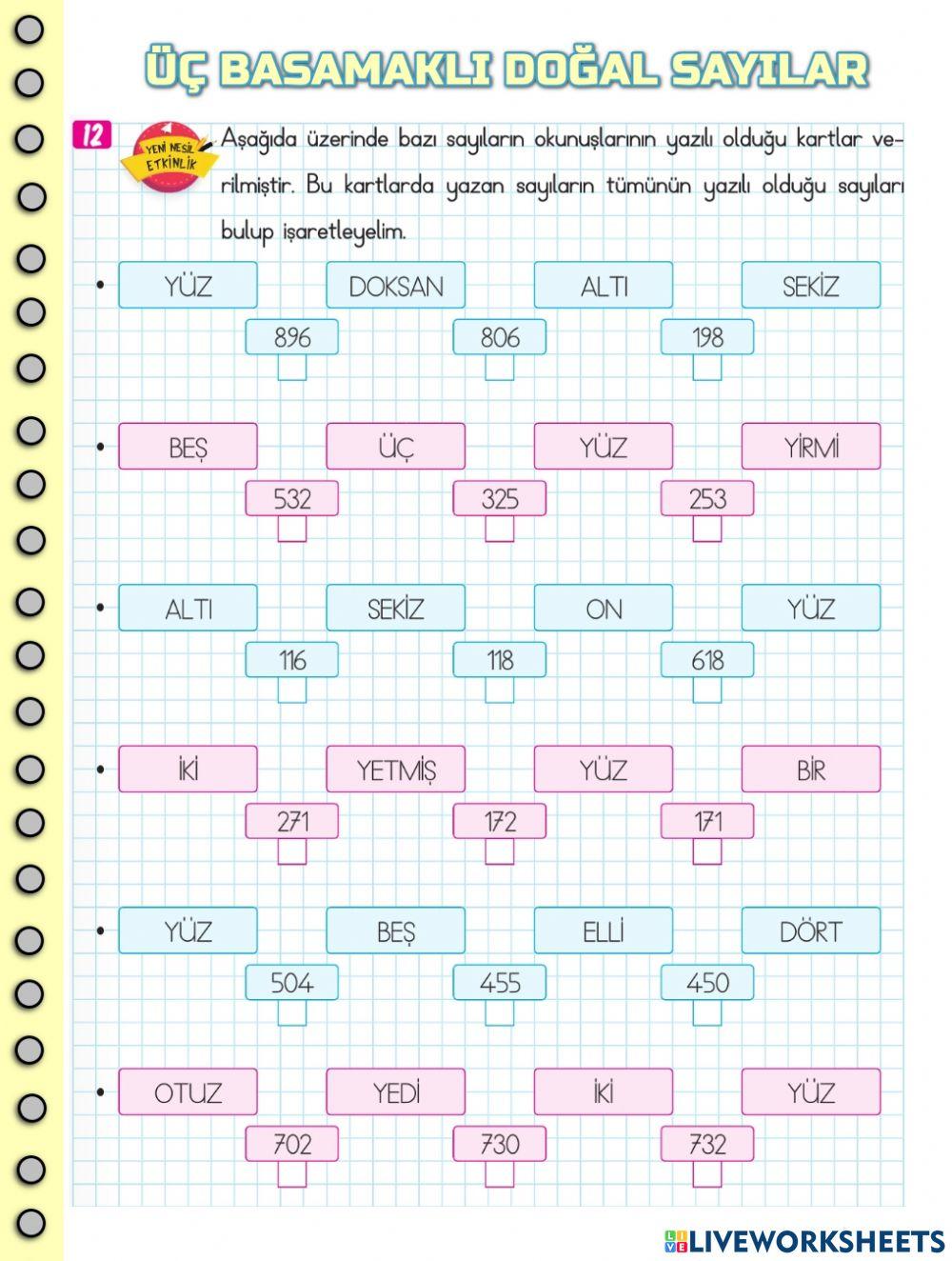 Üç Basamaklı Doğal Sayılar
