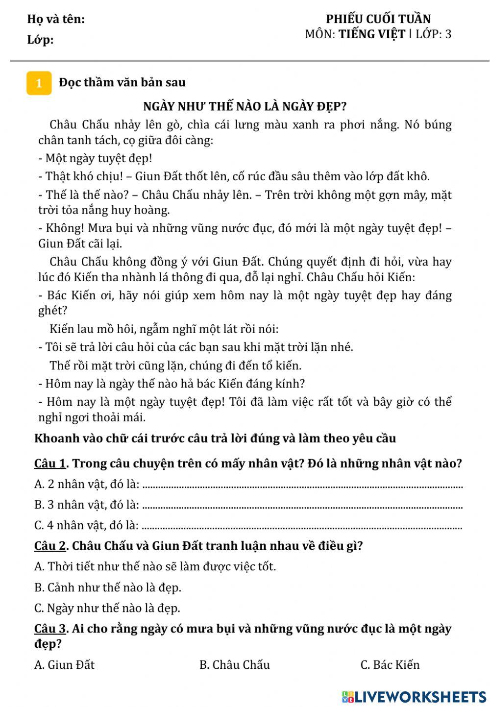 Phiếu cuối tuần 3 - Lớp 3