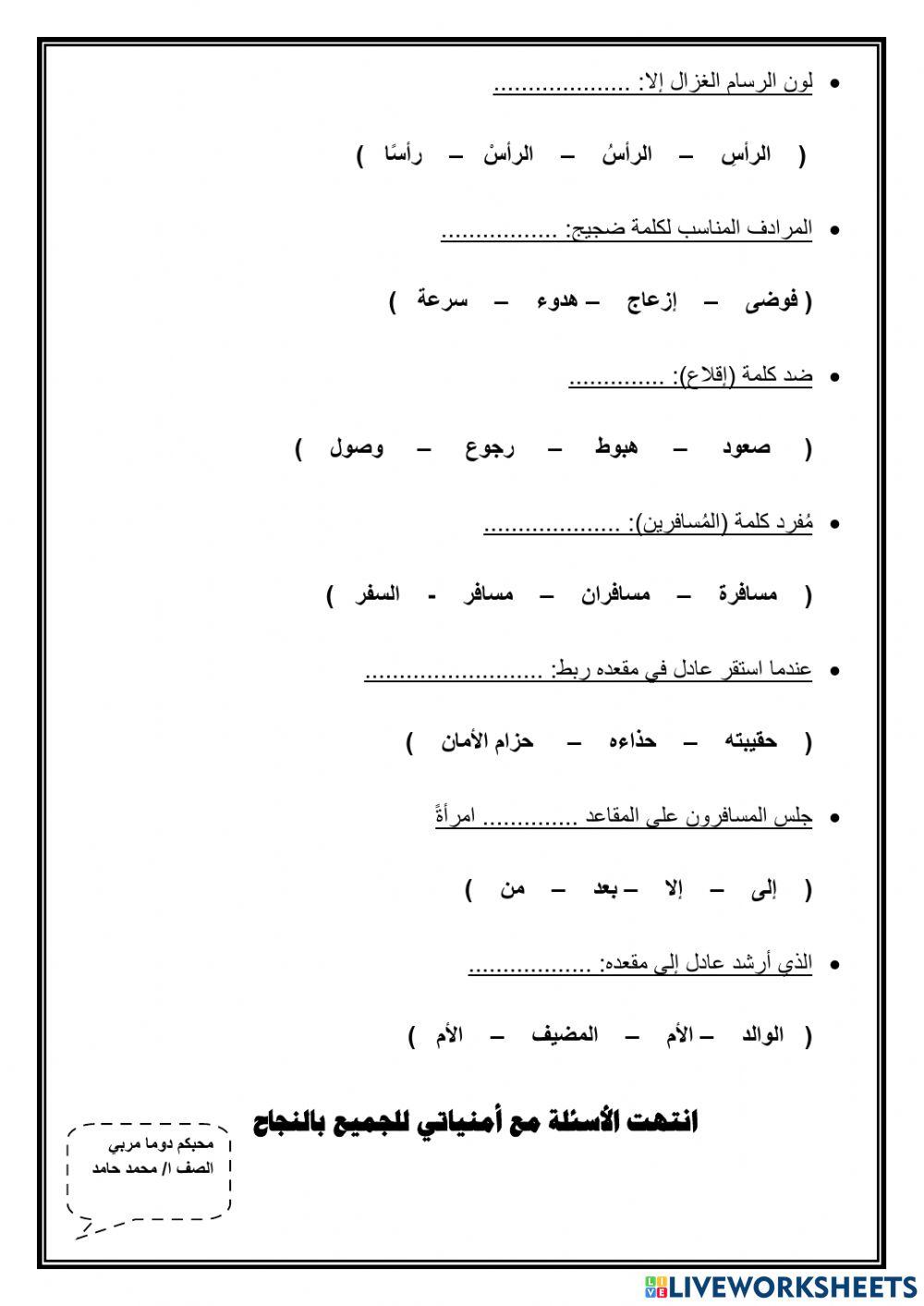نص عادل في الطائرة - الصف الثالث - لغتي
