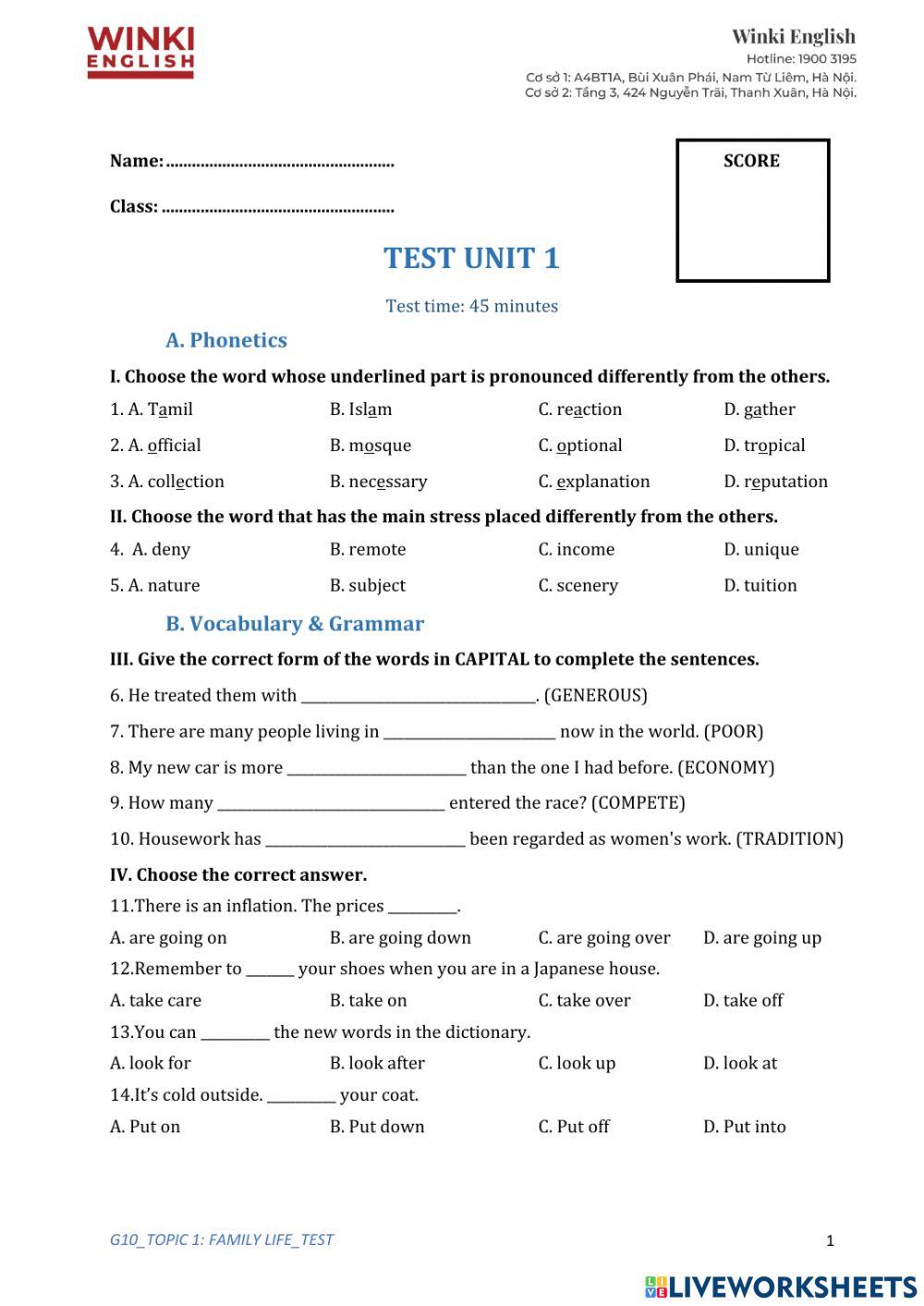 Test 1 - Grade 10 - Family Life and Present Tenses