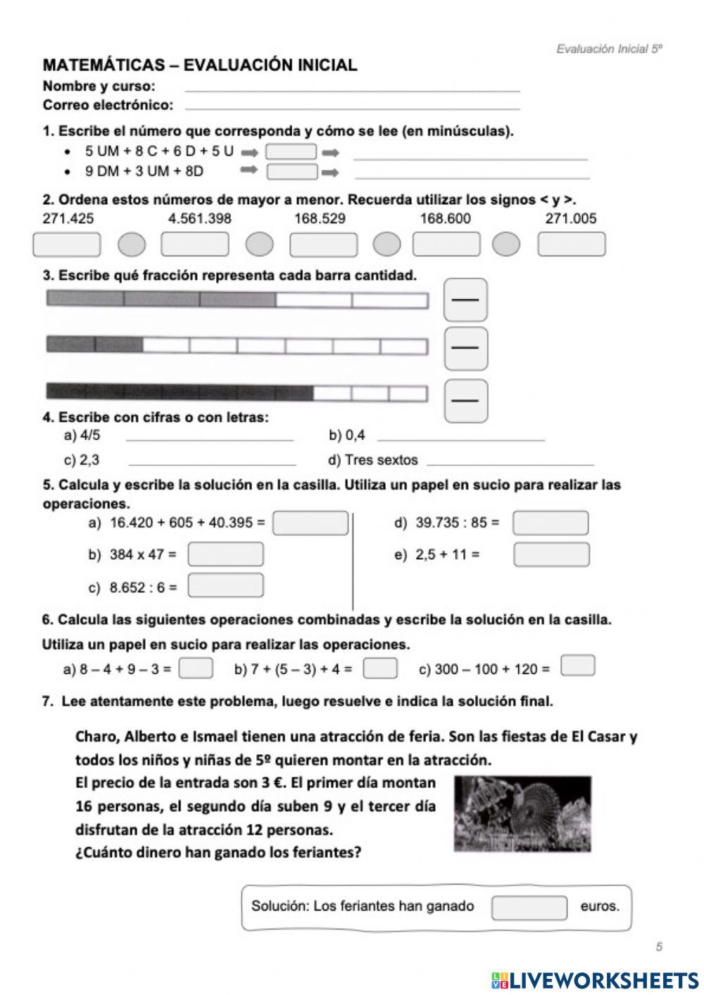 Ev Inicial 5º Matemáticas