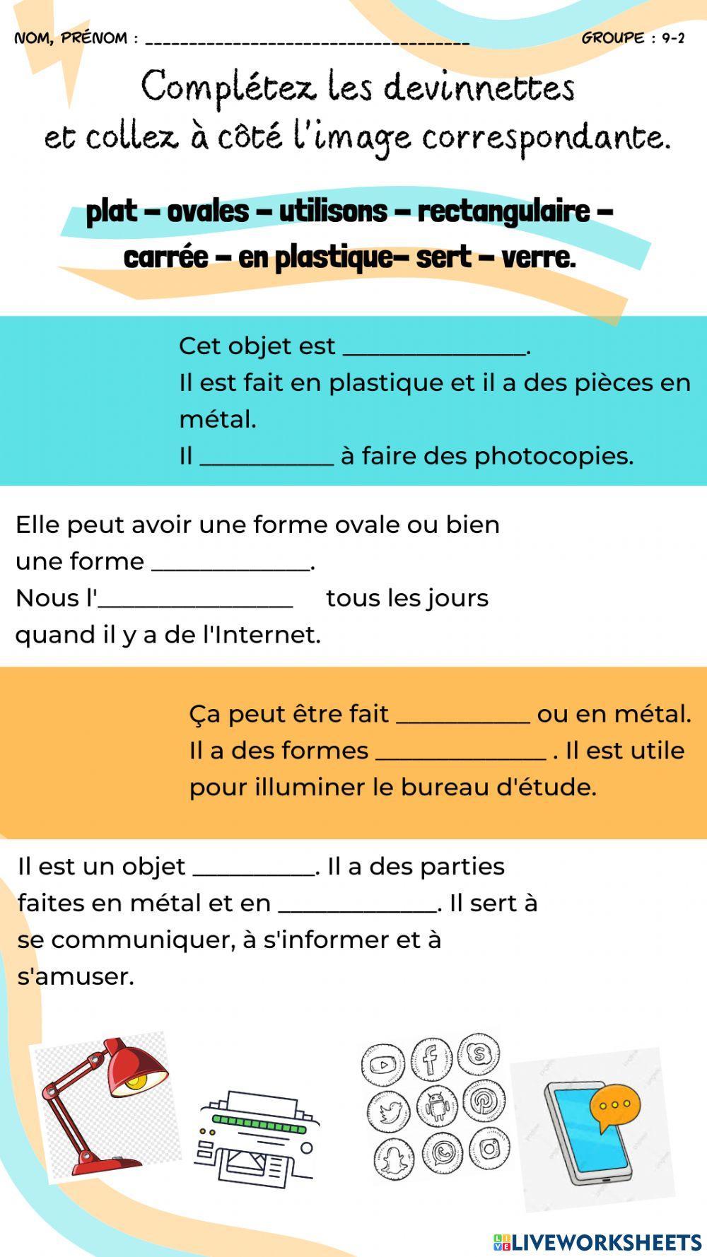 Compléter les phrases, description des objets