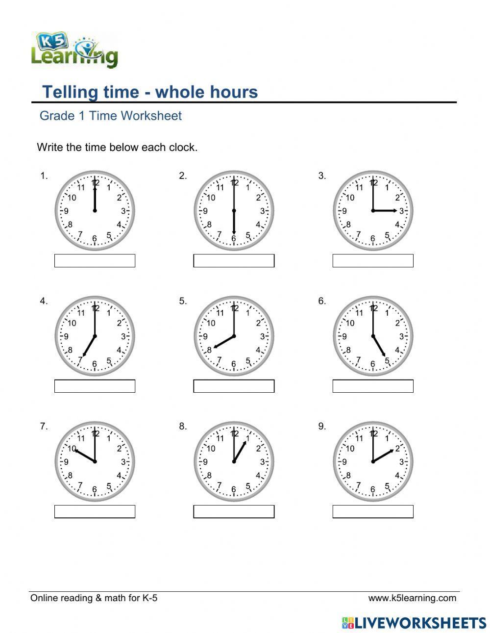 Telling time to hour worksheet | Live Worksheets