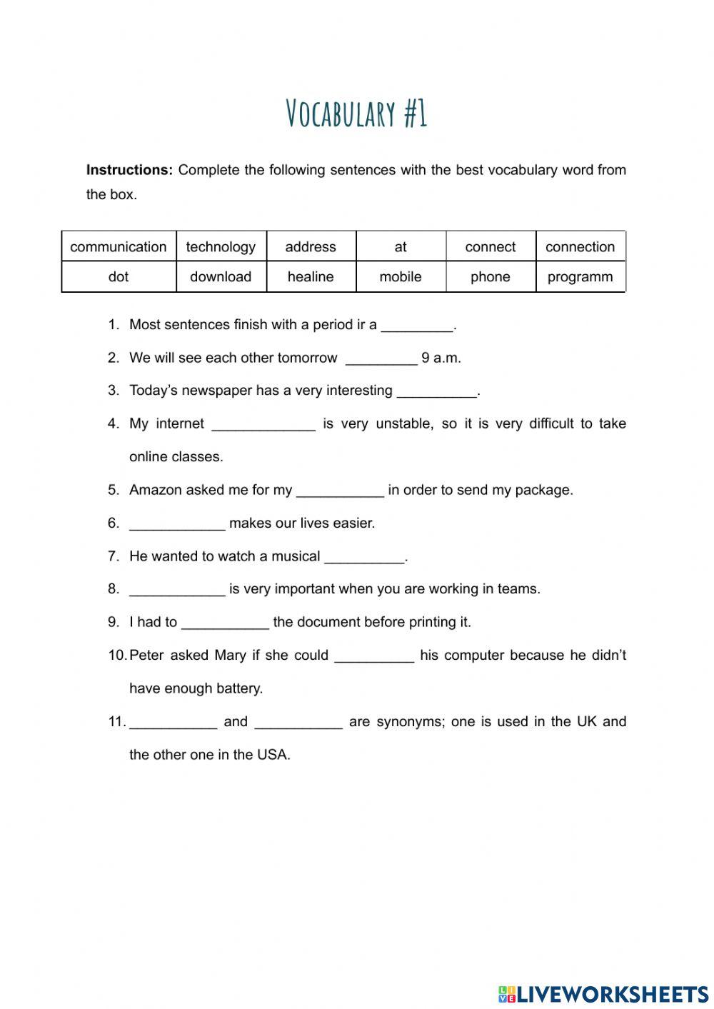 Vocabulary 1 5 worksheet live worksheets