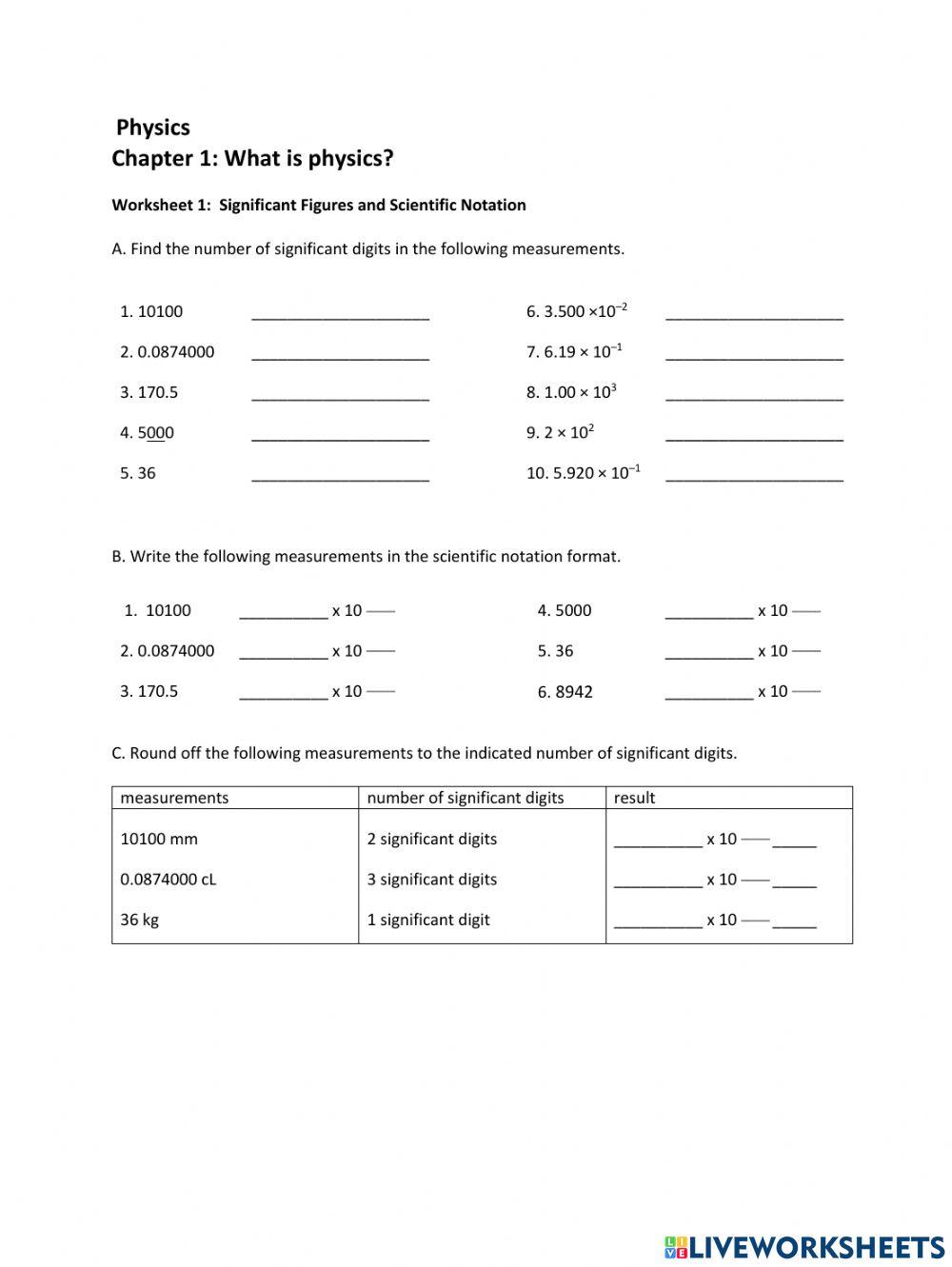 Significant figures and scientific notation online exercise for Live