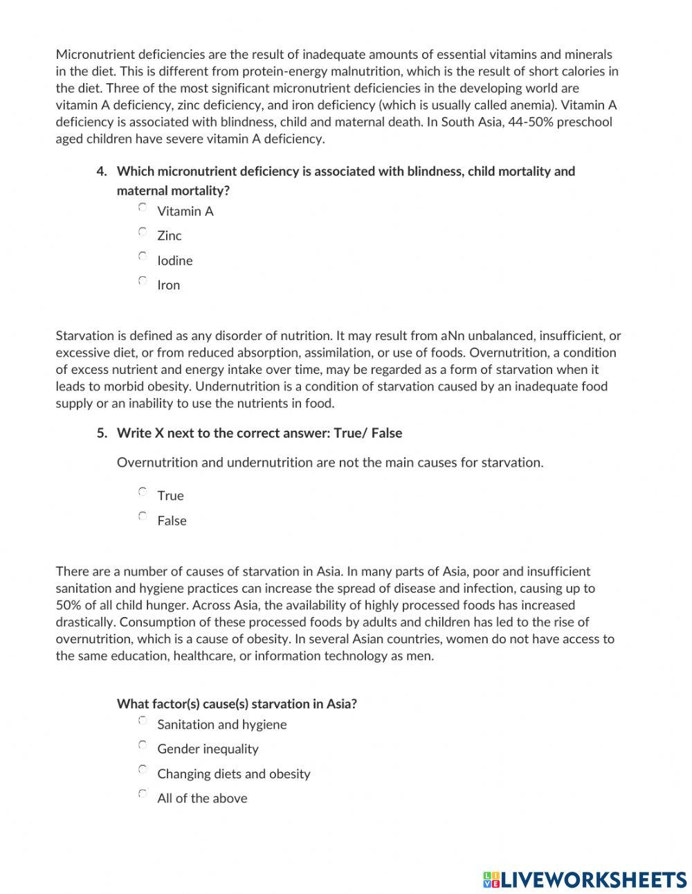 HUNGER AND POVERTY IN ASIA Adopted from https:--www.worldhunger.org-hunger-quiz-asia-hunger-poverty-   Read the article and answer the following questions by adding X next to the correct answer  Although Africa is frequently presented as the center of wor