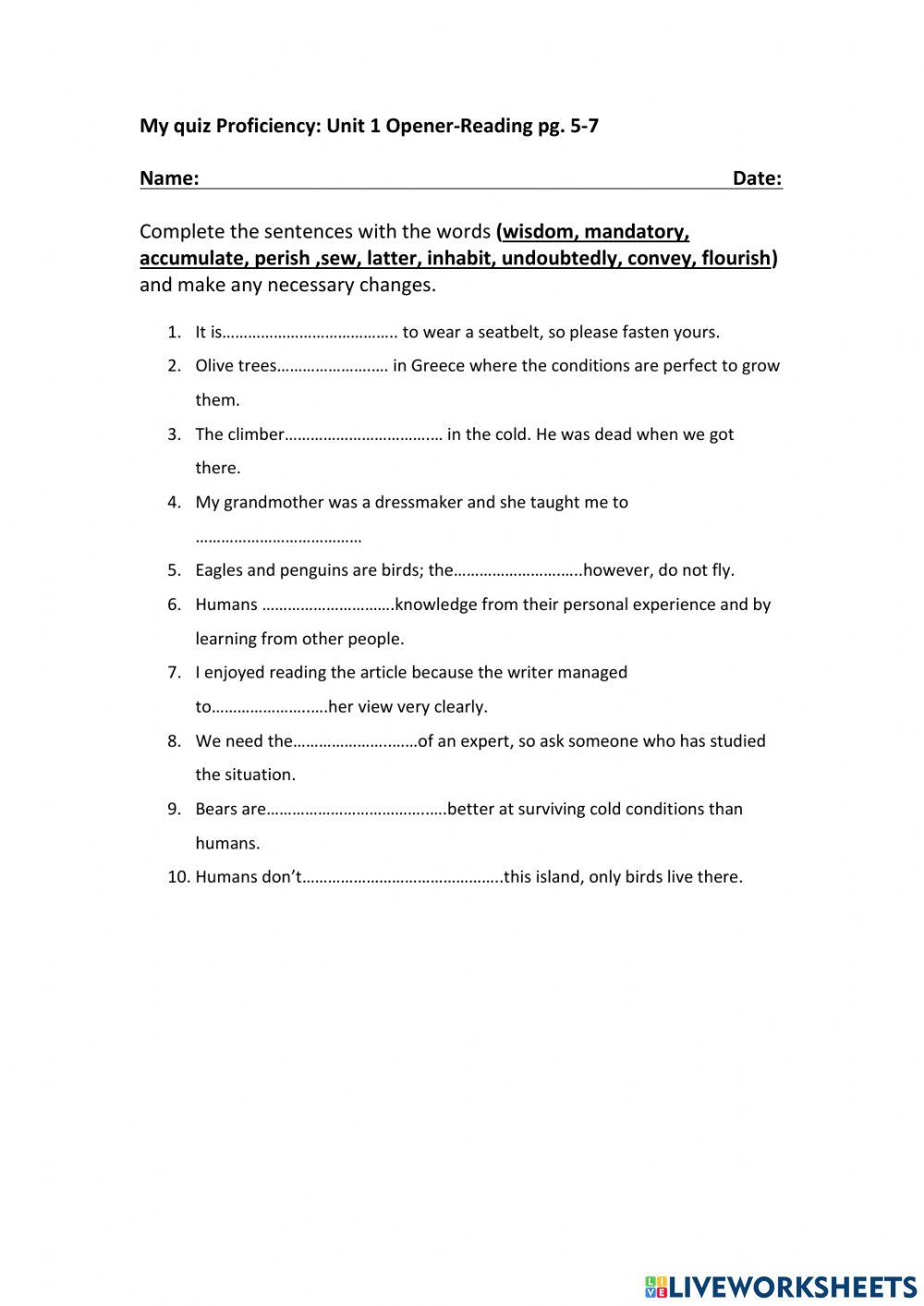 Quiz 1a reading worksheet live worksheets