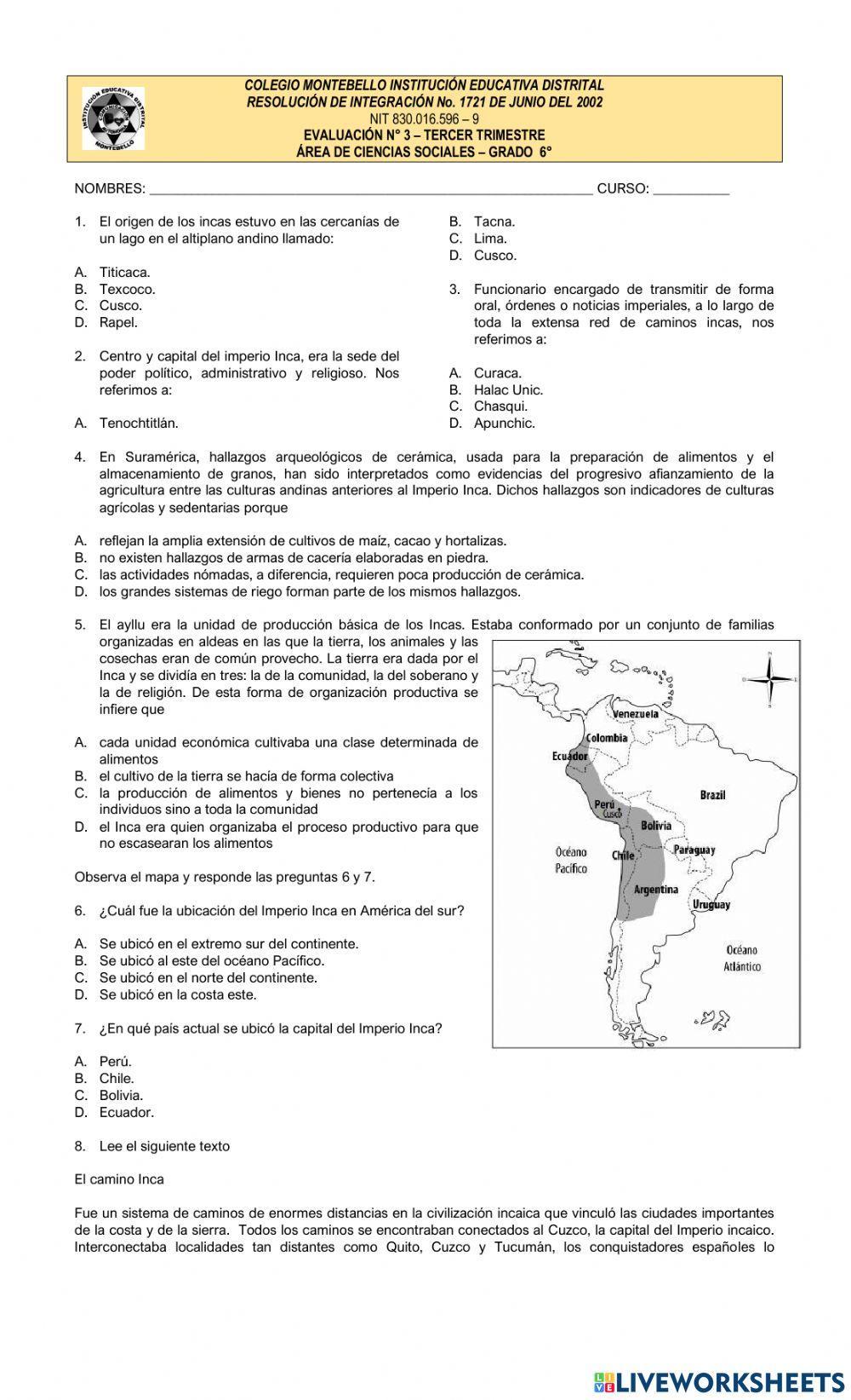 Evaluación cultura Inca